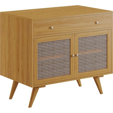 Meuble sous vasque en teck clair et cannage - 90 cm - MANSULAN (1/5)