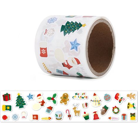 Autocollants De Noël - Rouleau De 300 Pièces - Motifs Festifs Sapin Renne Boule - Pour Cartes Cadeaux Décorations Intérieures - 2 Rouleaux (1/5)