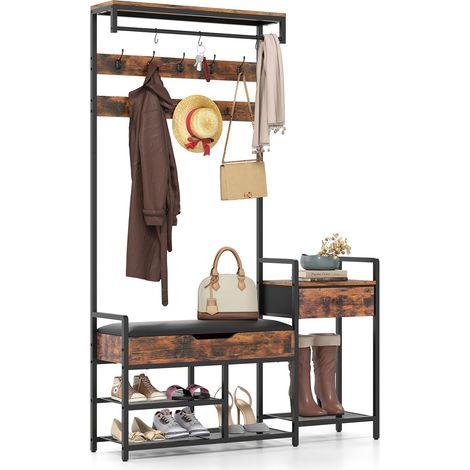 Costway – Meuble à chaussures avec porte-manteau 5 en 1 – 9 crochets fixes – Banc rembourré – Rangement sous siège – Marron rustique – Dimensions 120x30x178 cm (1/3)