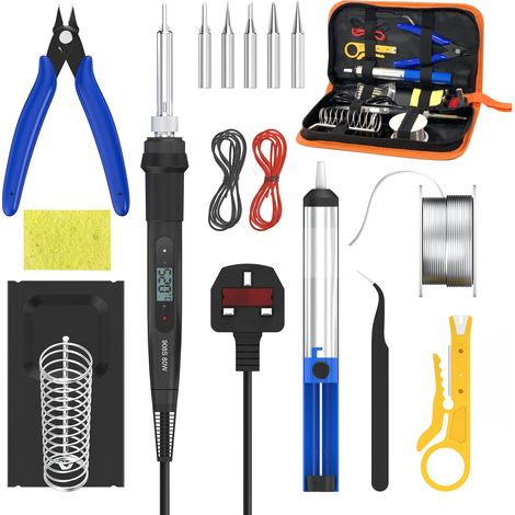 Kit de fer à souder électrique 80 W 15 en 1, LCD température réglable de 180 à 520 °C, outil de soudage avec 5 pointes de soudure, pompe à dessouder, tube de fil d'étain, support, pince à épiler (1/5)