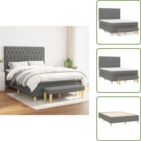Sommier à lattes de lit avec matelas Gris foncé 140x190cm Tissu - Lit Plateforme - Lit Double - Matelas Ressorts Ensachés - Têtière Ajustable - Banc Rangement (1/5)