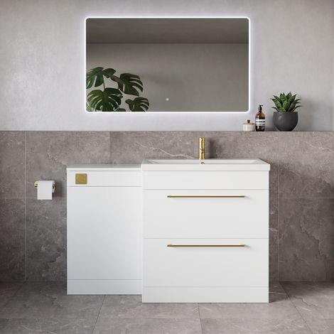 Napoli 390 Gloss White 1300mm 2 Drawer Vanity Unit Toilet Suite with Glide Basin - 1300mm - Brushed Brass 480mm HandleWithout Kingston Toilet Pan