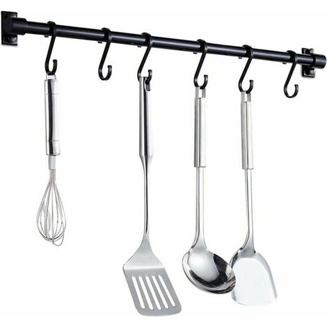 Barre Murale Cuisine Ustensiles 40CM - Barre Étagère de Cuisine avec 6 Crochets Amovibles - Rack Porte Étagère à Fixation M (1/4)