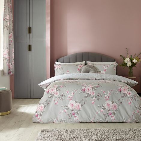 Parure de lit Double réversible avec Housse de Couette et taies d'oreiller Motif Floral Gris (1/5)