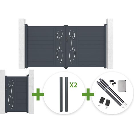 Portail battant 3m LIFE H.160cm gris + Portillon 1m LIFE H.160cm + 4 poteaux ELDA + motorisation Ranger B150 (1/5)