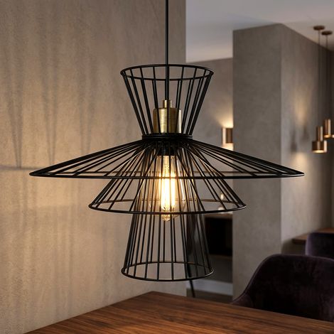 Suspension LED, lampe de table de salle à manger en treillis noir, style rétro, plafonnier suspendu en forme de cage, fil métallique, 7 W, 806 lm, blanc chaud, L x H 45 x 150 cm (1/5)