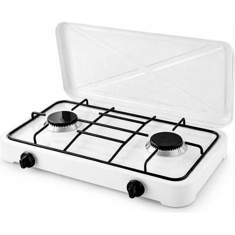 Fornello A Gas Portatile 2 Fuochi con Coperchio Piano Cottura Campeggio GPL Gas Naturale Fornello da Camping In Acciaio Con Griglie Smaltate Cucina Portatile per Camper Picnic Outdoor Bianco