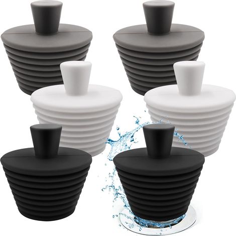 Juego de 6 tapones de silicona para lavabo, bañera, desagüe, baño y cocina (negro/gris/blanco)