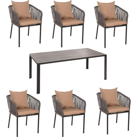 Gartengarnitur HHG-616, Tisch+6xStuhl, wetterfest Alu 180x80cm, Seilgeflecht Rope anthrazit Kissen taupe (1/5)
