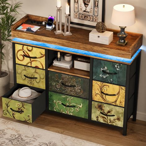 Commode 108×30×82cm,8 tiroirs,lumière LED et port USB,armoire de rangement en tissu,pieds réglables,meuble de rangement multifonctionnel,étagères,anti-basculement,pour chambres et salons,MDF,Colorés (1/5)