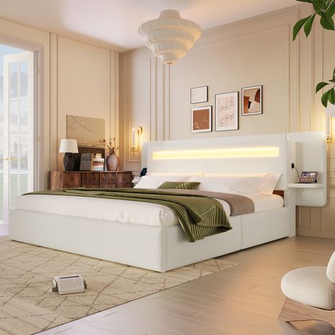 Lit coffre rembourré 180 x 200 cm, lit double avec rangement hydraulique, chevet intégré, port USB et éclairage LED multicolore,beige (1/5)