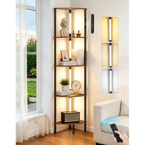 Lampadaire d’Angle LED avec Étagères 5 Niveaux, Commande Tactile et Télécommande, 3 Températures de Couleur, Intensité Réglable, pour Salon, Chambre ou Bureau (1/5)