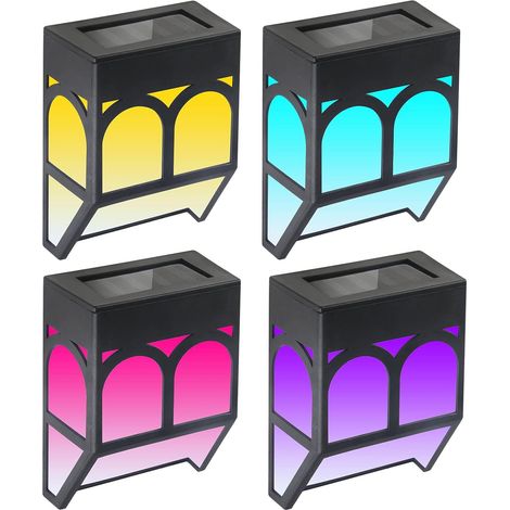 Lot de 4 lampes solaires d'extérieur pour clôture, appliques murales LED solaires, étanches, 2 modes d'éclairage (blanc chaud et couleurs changeantes (1/5)