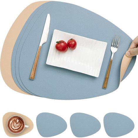 Set de table double face, antidérapant, lavable et imperméable, beige et bleu, lot de 4. (1/5)