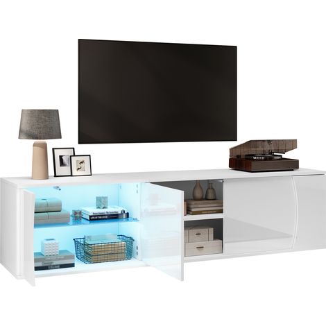 Meuble TV 1804045 cm, lowboard avec 3 portes, meuble en verre trempé, meuble TV de divertissement haut de gamme avec LED, support TV sur pied, adapté aux téléviseurs de 80 pouces