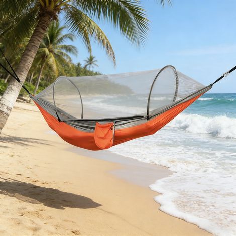 (Orange, 260x140cm) Hamac de camping avec moustiquaire, adapté aux randonnées et aux voyages en pleine nature. (1/2)