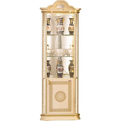 Les Tendances – Vitrine d'angle 64cm – Bois vernis laqué brillant beige et doré – 2 portes vitrées en cristal – Fabrication italienne (1/3)
