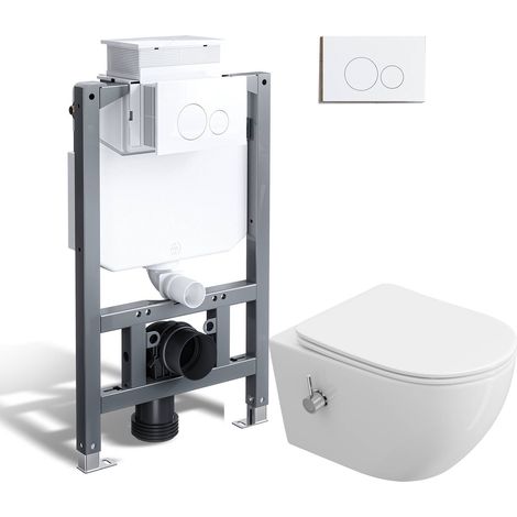 HOROW Ensemble WC douche complet - 82 cm bâti-support WC à réservoir encastré + WC douche sans bride + plaque de chasse d'eau blanche (1/5)