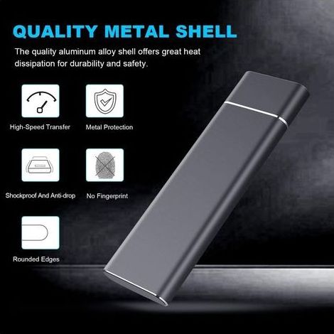 Disque SSD externe portable de grande capacité pour ordinateurs portables de bureau (2 To, noir)