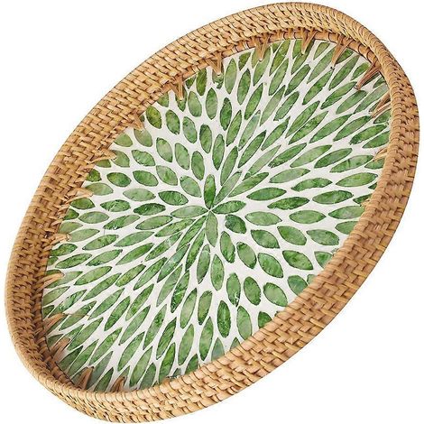 Rundes Serviertablett aus Rattan – Handgeflochtene Tabletts mit Perlmuttintarsien und dekorativem Weidengeflechtsockel (1/5)