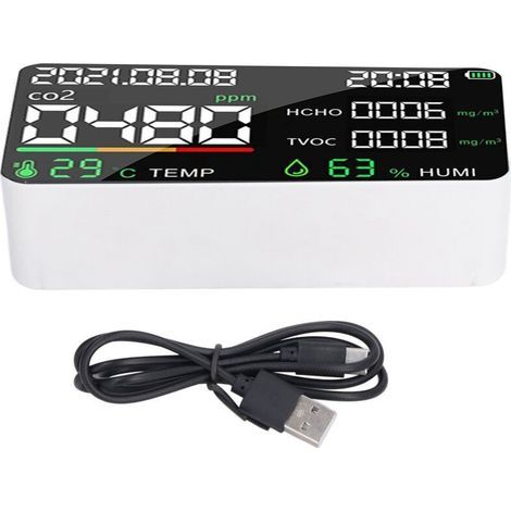 1200-mAh-Kohlendioxiddetektor, HCHO-CO2-Tester, USB-aufladbar, multifunktional, Feuchtigkeits- und Temperaturmessung, 5 V Gleichstrom, Weiß, von DEBUNS (1/5)