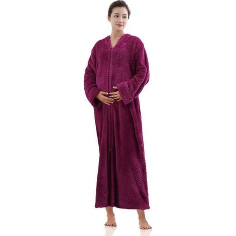 Peignoir femme en flanelle, fermeture éclair devant, longueur cheville, doublure molletonnée, avec poches, taille M-XL (1/5)