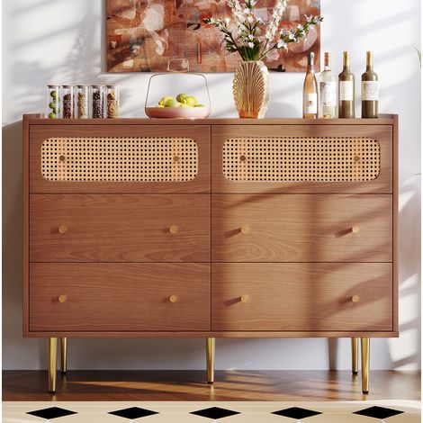 Commode 6 tiroirs 120 x 40 x 90 cm en MDF et métal effet noyer, rangement - CHICFURN (1/5)