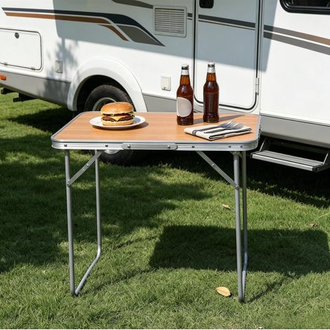 Table de camping pliante 70x50 cm MDF couleur chêne aluminium fer pour repas en plein air - CHICFURN (1/5)