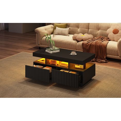 Table de salon de 100 x 50 x 45 cm, avec deux tiroirs. Tablette pour le thé, recouverte d’un motif rayé  fabriquée en matériau vrac. Tablette pour les cafés, équipée d’une bande lumineuse LED. Couleur (1/5)