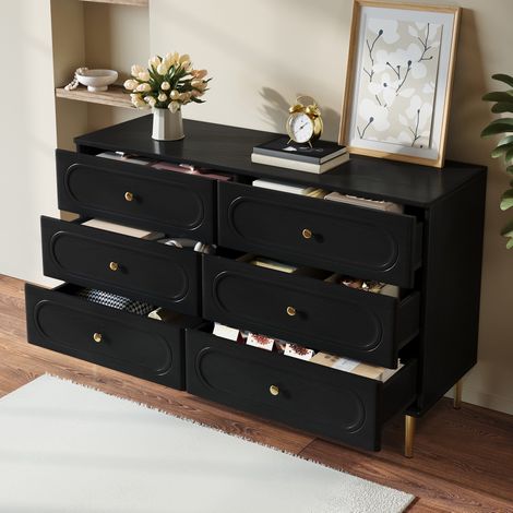 Commode 6 tiroirs, 120 cm, détails ovales et pieds en métal, style moderne, pour salon et chambre, Noir (1/5)
