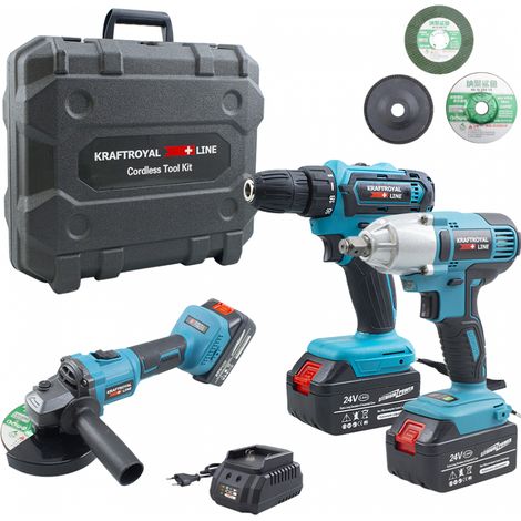 Trapano Avvitatore Smerigliatrice Kit 3pz Doppia Batteria 24V Con Valigetta