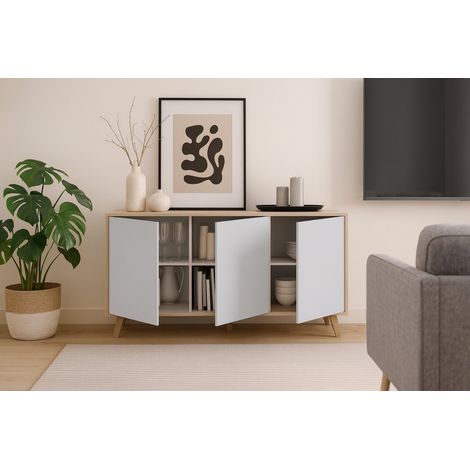 Dmora - Aparador Dacell, Aparador moderno con 3 puertas y baldas, Buffet de cocina, Buffet de diseño de sala de estar, 154x40h75 cm, Roble y Blanco (1/5)