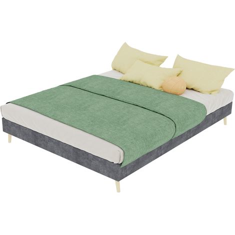 Bettgestell 140x200 Grau Samt Plattformbett ohne Kopfteil, Minimalistisches Bettrahmen aus Holz, Flaches Bett Modernes Schlafzimmermöbel (1/5)