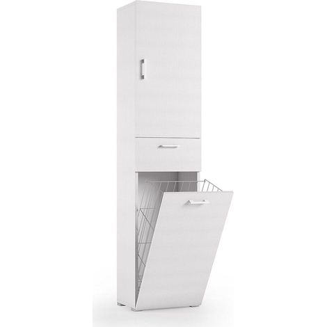 Kiamami Valentina – Colonne de salle de bain blanche 195cm avec panier à linge – Tiroir et armoire à porte – Profondeur 32cm, largeur 45cm (1/3)