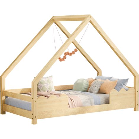 Lit cabane enfant 90x200 cm - Protection intégrée, bois massif - naturel (1/5)