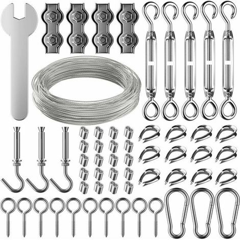 30m Corde en Acier Inoxydable à Suspendre Kit,2mm Câble en acier inoxydable revêtu avec Tendeur et Crochets,pour Suspension Lumineuse,plante grimpante,corde a linge,rideau pergola,rambarde.