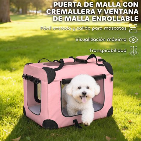 Sac de transport pliable pour chiens et chats (60 x 41,5 x 41 cm) avec fenêtres en filet, coussin moelleux et 2 poignées, rose. (1/5)
