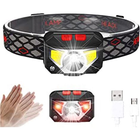 LED-Stirnlampe, superhelle Stirnlampe mit Bewegungssensor, 6 Modi, wiederaufladbare USB-Stirnlampe, wasserdichte Taschenlampe, Camping, Wandern, Angeln, Arbeiten