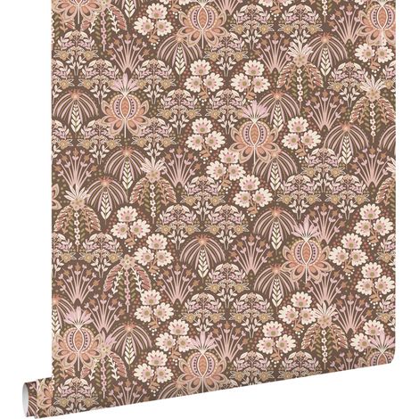 papier peint fleurs vintage de style art nouveau vieux rose et marron - ESTAhome (1/5)
