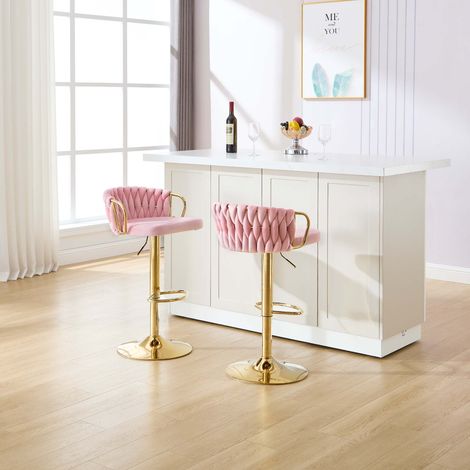 WOLTU Barhocker 2er Set, höhenverstellbarer Barstuhl, Drehstuhl mit geflochtener Rückenlehne Fußstütze, Barstuhl 360° drehbar, Tresenstuhl mit Samt und Metallrahmen, Rosa (1/5)