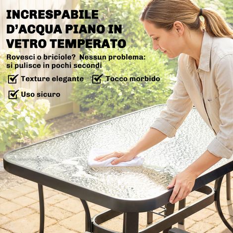 Lot de 5 meubles d'extérieur : 4 fauteuils empilables gris clair + table en verre sécurisé, avec emplacement pour parasol. (1/5)