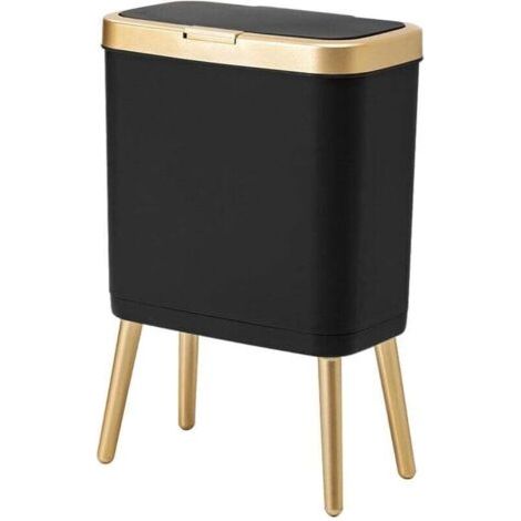 Poubelle avec couvercle, poubelle de salle de bain noire avec bord doré, poubelle moderne étroite avec pieds, poubelle fine pour salle de bain, 4 gallons
