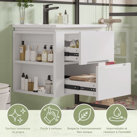 Meuble vasque suspendu blanc en MDF et céramique avec LED à capteur radar, 2 tiroirs et étagères pour salle de bain et toilettes (1/5)