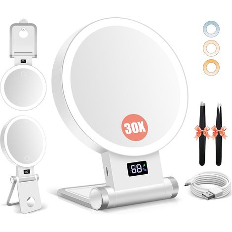 Miroir Grossissant avec Lumière, Affichage de La Batterie, Support 4-en-1, 2000mAh, Pinces Incluses, Double Face, 3 Couleurs Réglables, Pliable – pour Maison & Voyage (1/5)