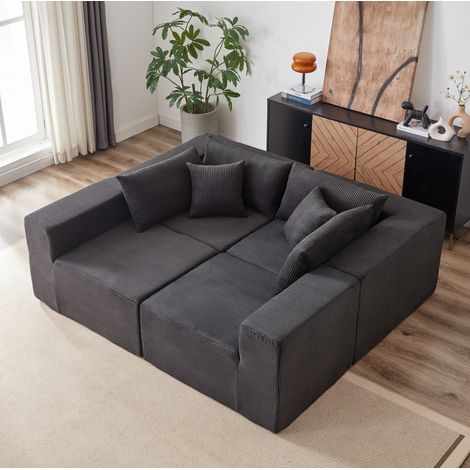 Canapé modulable en velours côtelé noir, forme L, sans montage, assise en mousse, facile à déplacer (1/5)