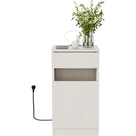 Table de chevet avec station de charge USB & prise, 33x40x61,5 cm, finition bois clair, avec poubelle incluse (1/5)