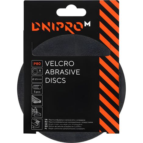Dischi abrasivi per levigatrice eccentrica Dnipro-M P80, 125 mm, 8 fori, confezione da 5 (1/2)