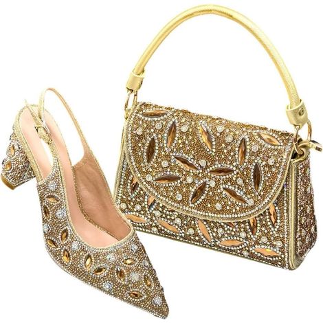 Ensemble de chaussures et sac à main pour femme Style nigérian avec strass Motif italien, doré, 44 EU (1/5)