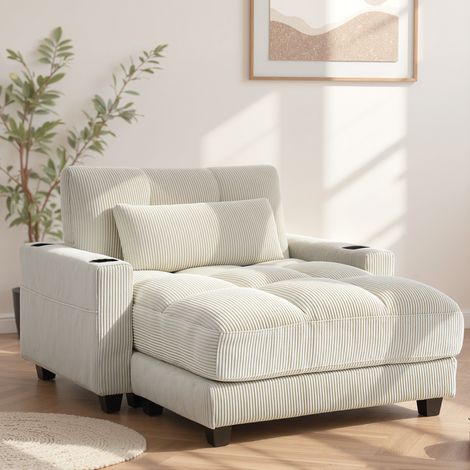 Sofá cama con cojines, espuma, convertible en cama, portavasos, color blanco crema.