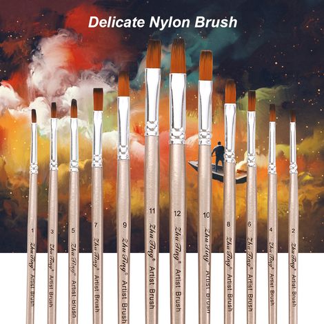 Ensemble de 12 pinceaux plats à poils en nylon pour artistes, idéal pour la peinture acrylique, aquarelle, gouache et huile. Matériel de dessin et de peinture de qualité supérieure. (1/5)